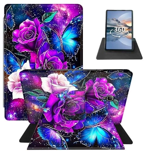 HEAKIERG for Samsung Galaxy Tab A 8.0" 2017 SM-T380/T385 360 Degree Rotating Tablet Case, PU Leather Multi-Viewing Adjustable Stand Smart Flat Case for Man Women, Purple Flower Galaxy