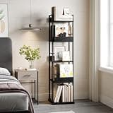 IDEALHOUSE 5-Tier Freestanding Corner Bookshelf, 360° Rotating Tall Narrow Storage Rack with Guardrail, Sturdy Industrial Style Book Organizer for Living Room Bedroom Study Office Balcony, Black