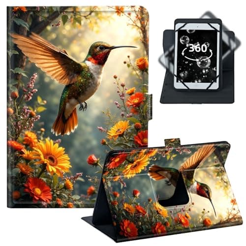BREIDMKFM Tablet Case for Fire 7 (2022/2021/2020) - Universal 6-7 Inch 360° Rotating Stand with 4 Corner Elastic Bands,Fit for Kindle Fire 7/iPad mini 5/Lenovo Tab M7,﻿Hummingbird Floral