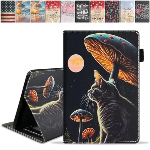 FQTBCEARI Designed Case for All-New Amazon Kindle Fire 7 Tablet (7", 12th Generation, 2022 Release), Slim PU Leather Cover with Card Slot & Auto Wake/Sleep, Cat and Mushrooms Under The Moon