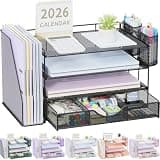 gianotter Desk Organizers and Accessories with File Holder, 4-Tier Desk Accessories & Workspace Organizers with Drawer and 2 Pen Holder, Paper Organizer for Office Supplies (Black)