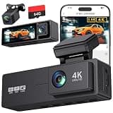 4K 3 Channel Dash Cam Front and Rear,4K+2.5K+1080P Dash Camera for Cars Inside,3.2" Screen Dash Camera for Cars, WiFi APP Control,4 IR Night Vision, G-Sensor, 24H Parking Mode, 64GB SD Card Included