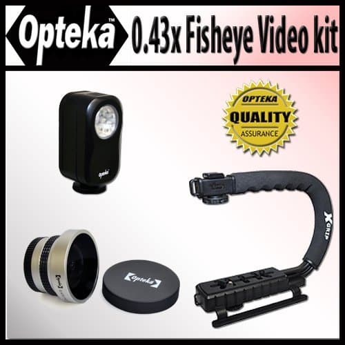 Opteka Extreme Action Video Photographer's Kit (Includes the Opteka 0.43x Super Fisheye Lens, X-GRIP Camcorder Handle and 3 Watt Video Light) for Hitachi DZ-BX31/A, BX35/A/E, BX37/E, GX20/A/E/MA, GX25M, GX3200/A/E, GX5000A, GX5020/A/E, GX5040E, GX5060/E, GX5080/A, HD90, HS300/A/E, HS500/A/E, MV2000E, MV4000E, MV5000E, MV730/A/E, MV750/A/E/MAA, VM-E53A, E55A, H38A, H39A and VM-H57A Camcorders