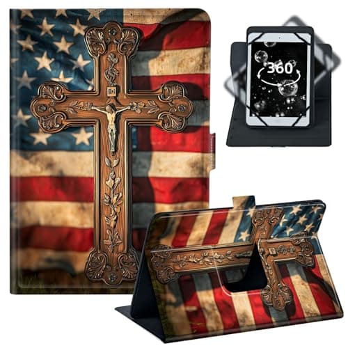BREIDMKFM Tablet Case for Fire 7 (2022/2021/2020) - Universal 6-7 Inch 360° Rotating Stand with 4 Corner Elastic Bands,Fit for Kindle Fire 7/iPad mini 5/Lenovo Tab M7,﻿Vintage Cross Flag