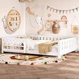 Bellemave Queen Size Floor Bed with Slats and Guardrails, Queen Size Montessori Floor Bed with Bookcase and Fence, Low Profile Montessori Beds for Kids, White Floor Beds Frame