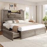 VIAGDO Queen Bed Frame with Headboard and Storage Cabinets, Farmhouse Bed Frame Queen Size with Charging Station and LED Lights, Wooden Platform Bed Frame with 4 Drawers, No Box Spring Needed, Grey