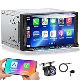 Double Din Car Stereo with CD/DVD Player Apple Carplay & Android Auto, 7 Inch Car Radio with Bluetooth and Backup Camera, Touch Screen, Mirror Link, Steering Wheel Control, USB/TF/AUX Input, AM/FM