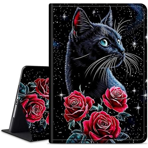 Dikoer for iPad Pro 12.9 Inch (6th/5th Generation 2022/2021) iPad Air 13 Inch (M3/M2, 2025/2024) Tablet Case, Slim Kickstand Stand Leather Smart Cover with Auto Wake/Sleep, Red Rose Cat Black