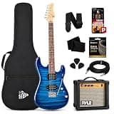Electric Guitar and Amp Kit - Full Size Instrument w/Humbucker Pickups Bundle Beginner Starter Package Includes Amplifier, Case, Strap, Pick, Strings, Cable, Tremolo - (Blue)