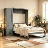 SOFTSEA Full Murphy Bed with Storage Cabinet, Foldable Space-Saving Wood Wall Bed Frame with Wardrobe and 3 Drawers, Hidden Murphy Bed Cabinet for Guest Room, Bedroom, Grey