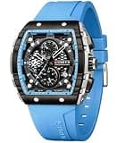 PASOY Men’s Chronograph Watch for Men, Multifunction 6-Hand Quartz Analog Sports Watch with Luminous Dial, Calendar Display, Waterproof Silicone Strap Fashion Wristwatch Gift for Him – Light Blue