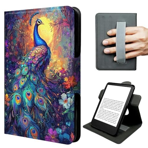 JNFBWULO Case for Fire HD 8 Tablet (8th/7th/6th Gen, 2018/2017/2016), 360° Rotating Stand Cover with Elastic Hand Strap, Auto Sleep Wake, Textured Leather Protective Case - Mystic Peacock