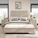 FammyLoft Queen Size Platform Bed Frame, Solid Wood Bed Frame with Tall Headboard, Vertical Grain Footboard, Wood Slat Support, 800 lb Capacity, Beige
