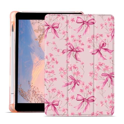AdorableWhimsy Pink Flower Bow Case for iPad Pro 6th/5th/4th/3rd Gen(2022/2021/2020/2018) 12.9 Inch Cute Floral Butterfly Trifold Stand Pink Leather Case with Pencil Holder Auto Wake/Sleep
