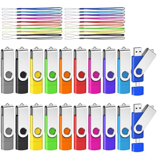 AGECASH 16GB USB Flash Drive 20 Pack USBC Thumb Drives with Lanyard, 2-in-1 USBA + TypeC FAT32 USB 2.0 Flash Drives Multipack Memory Stick Jump Zip Drives USB 16GB