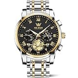 OLEVS Black Watches for Men Luxury Fashion Gold and Silver Stainless Steel Men's Wrist Watches Classic Nice Big Face Waterproof Quartz Men Watch with Day Two Tone Moon Phase Relojes para Hombres