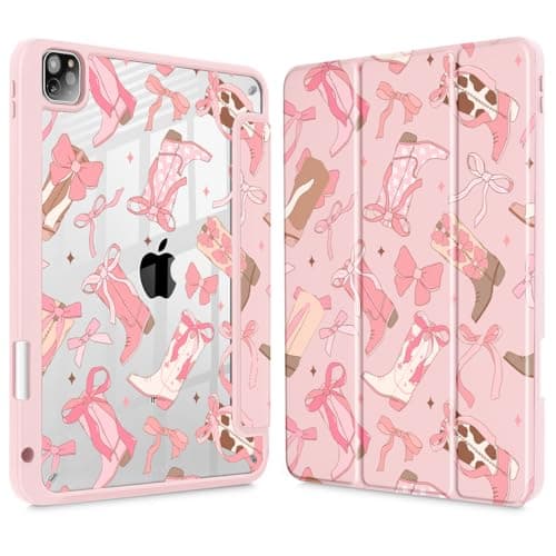 ICEKEE Case for iPad Pro 11 inch 2022/2021/2020Model (5th/3rd/2nd Gen), with [Built-in Pencil Holder] Shockproof Cover with Clear Transparent Back Shell & Auto Wake/Sleep - Pink Cowgirl Boots