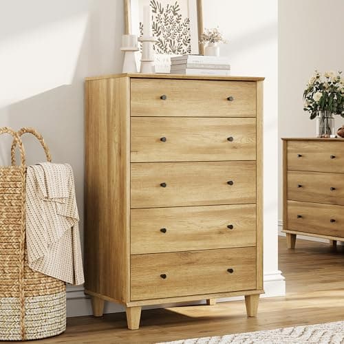 FENSULN 5 Drawer File Cabinet for Office, Tall Modern Chest of Drawers, Beveled Profile Design, Wood Drawer Organizer for Hpmeoffice,Living Room,Hallway and Entryway,Light Oak