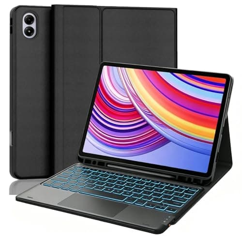 QYiiD Backlit Touchpad Keyboard Case for Xiaomi Redmi Pad Pro 12.1 Inch 2024/Xiaomi Poco Pad 12.1 2024, Backlit Wireless Trackpad Keyboard with Leather Stand Cover Case, Long Battery Life, Black