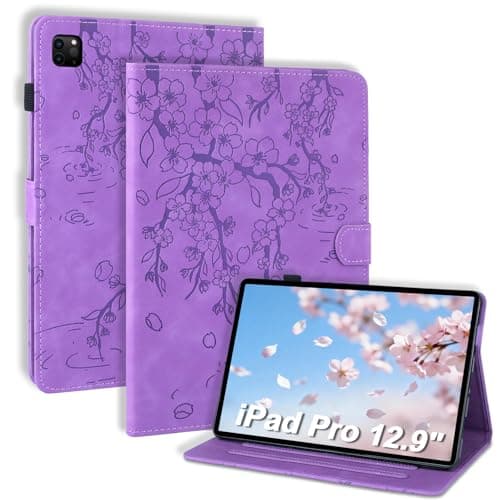 LSPCASA Case for iPad Air 13 Inch M3 2025/M2 2024/iPad Pro 12.9 Inch 2022/2021/2020/2018 (6/5/4/3 Gen) Folio Flip PU Leather Protective Case with Stand Pen Holder Tablet Plum Blossom Purple