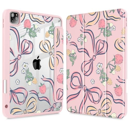 ICEKEE Case for iPad Pro 11 inch 2022/2021/2020/2018 Model (5th/3rd/2nd/1st Gen), with [Built-in Pencil Holder] Shockproof Cover with Clear Transparent Back Shell & Auto Wake/Sleep - Pink Bows