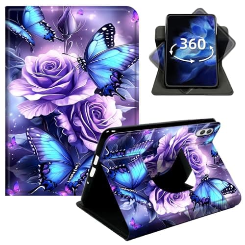 DIGTIALL 360° Rotating Case for Samsung Galaxy Tab A7 Lite 8.7" 2021 Model SM-T220/T225/T227, Lightweight PU Leather Swivel Stand Protective Cover, Full Access to Ports,Purple Roses Blue Butterflies