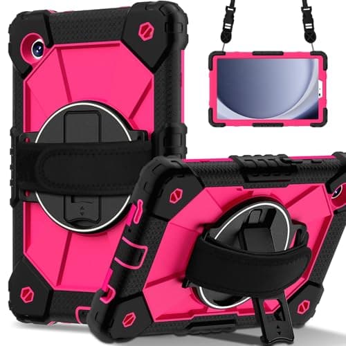 DXVTRKJM Case for Samsung Galaxy Tab A11 Plus/A11 + 11" 2025 SM-X230,360° Rotating Stand Hand/Shoulder Strap &Shockproof Silicone and Hard PC. (Black+Rose Red)
