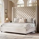 Jocisland King Size Bed Frame with 65" Tall Headboard, Upholstered Wingback Platform Design, Handcrafted Pleats & Deep Button Tufted, Solid Wood Legs, No Box Spring Needed, Cream