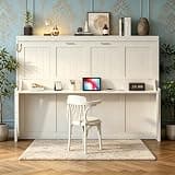 SOFTSEA Full Size Horizontal Murphy Bed with Desk, Hideaway Wall Bed Frame with Storage, Space-Saving Wood Foldable Murphy Bed for Guest Room Office, White