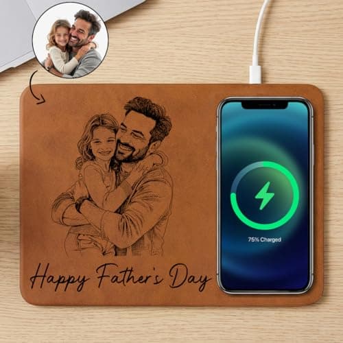 Wrappiness Leather Charging Mat Dad Sketch Line Art Custom Photo - Personalized Charging Pad, Office Charger Mat Gift for Grandpa - Leather Wireless Charger Pad for Dad Fathers Day from Kids