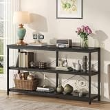 Semoic 3-Tier Industrial Bookshelf, Wide Wood Horizontal Bookcase, Open Large Book Shelf with Metal Frame, Display Rack Shelving Unit, Storage Organizer for Living Room, Bedroom & Study,Black