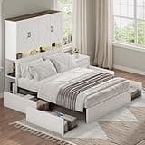 Queen Storage Bed Frame with Bookshelf, 4-in-1 Bed with Storage Cabinet & Nightstand, LED Headboard with Charging Station, Wooden Platform Bed with Drawers for Bedroom, White