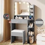 wanan Makeup Vanity with Chair, Small Vanity Desk with Mirror and Lights 3 Colors, Girls Vanity Set with Power Outlet, Compact Vanity Table for Small Space, Gray