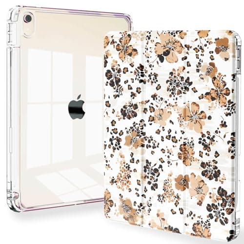 Feams Slim Case for iPad Air 11-inch M4/M3/M2 (2026/2025/2024), iPad Air 5th/4th Generation (2022/2020) 10.9 Inch Case Clear Back with Pencil Holder & Auto Sleep, Leopard Print Floral