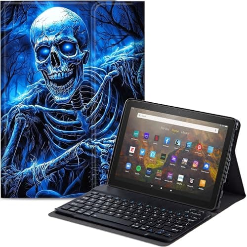 Qindaiwen Keyboard Case for All-New Amazon Fire HD 8/8 Plus (12th Generation/10th Generation, 2024/2022/2020 Release), PU Leather Stand Cover with Detachable Bluetooth Keyboard, Skeleton Smiling