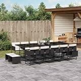 KLGBNCVE 15 Piece Patio Dining Set with Cushions, Black Poly Rattan Outdoor Furniture with Foldable Chairs, Stools, and Tempered Glass Table