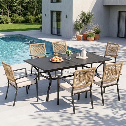 Sophia & William 7 Piece Patio Dining Set, Patio Table and Chairs Set Outdoor Dining Set for 6, 60" Rectangular Patio Dining Table Set with Patio Wicker Chairs for Garden, Porch, Backyard, Deck