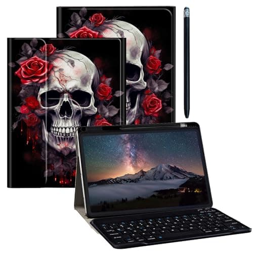 BPQOJB for iPad 9th Generation Case for iPad 8th/7th Generation Case 10.2 inch with Detachable Wireless Keyboard & 360 Degree Rotating Stand Protect Cover Acrylic Tablet Cover,Rose Flower Floral Skull