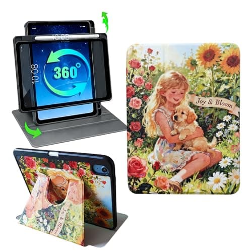for iPad A16 11th Generation 11 inch 2025Case, iPad 10th Generation 10.9 inch 2022 Built-in Pencil Holder, Shockproof Clear Hard Back, 360 Degree Rotating Stand, Auto Wake/Sleep (Joy Bloom)