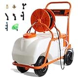VEVOR Battery Powered 15 Gallon Garden Weed Sprayer with Wheeled Cart, 126FT Hose with Reel, 8 Nozzles, 2 Wands with Lock Trigger, 0-90PSI, 5-6h Spray Time, Wide Mouth Lid, Rotating Wheels with Brake