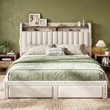 EnHomee Queen Bed Frame Upholstered with 2 Large Drawers & 2-Tier Vertical Tufted Headboard, Heavy-Duty Storage for Bedroom Apartment with Easy Assembly & Noise-Free Construction, White