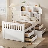 Merax Twin Captain Bed with 4 Drawers & Bookcase Headboard, White