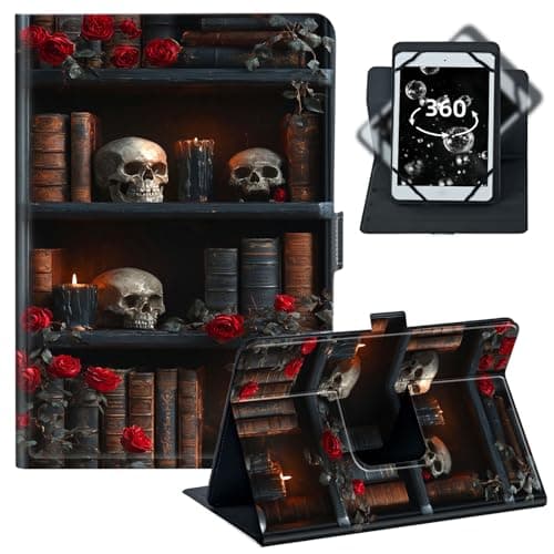 BREIDMKFM Universal Tablet Case 9-10.5 Inch,360 Rotating Stand Protective PU Leather Folio for 10/10.1 Inch Android Tablet,Fit for Fire HD 10/Samsung Tab A 10.1/iPad 9.7,﻿Bookshelf Skull Flower