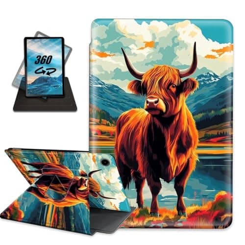 for Samsung Galaxy Tab A9 Case 8.7 inch 2023, Multi-Angle Rotating Stand Protective Smart Cover Auto Wake/Sleep Protective Rugged Cover,Highland Cow Artwork