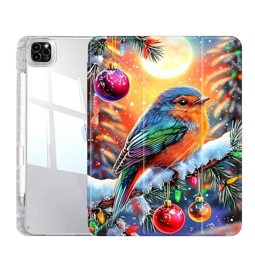 Case for iPad Pro 13 Inch (M5/M4) 2025/2024, Slim Clear Case with Pencil Holder, Multi-Angles Folding Y-Shaped Stand Cover, Christmas Tree and Colorful Birds