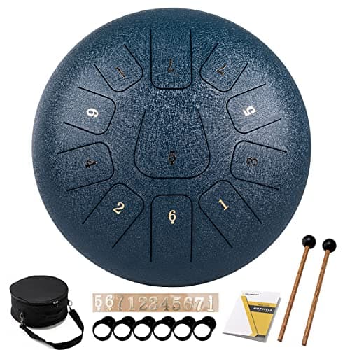 Steel Tongue Drum - HOPWELL 11 Note 12 Inch Tongue Drum - Hand Pan Drums with Music Book, Steel Handpan Drum Mallets and Carry Bag, C Major (Navy Blue)