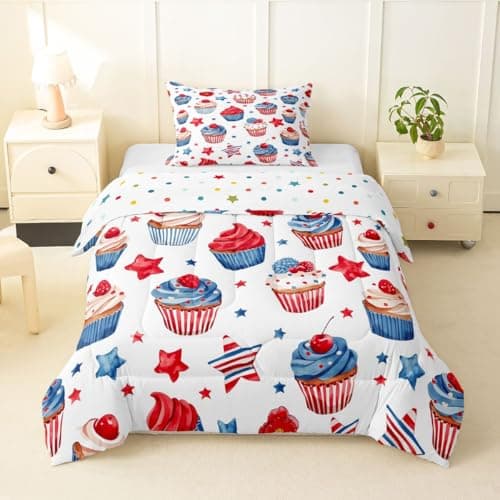 Castle Fairy Cupcake Kids Comforter Toddler Size,Watercolor Dessert Patriotic Star Print Quilt Set for Kids Boys Girls Bedroom Decor,Sweet Girly Style Bedding Set,Blue Pink Duvet Insert,1 Pillowcase