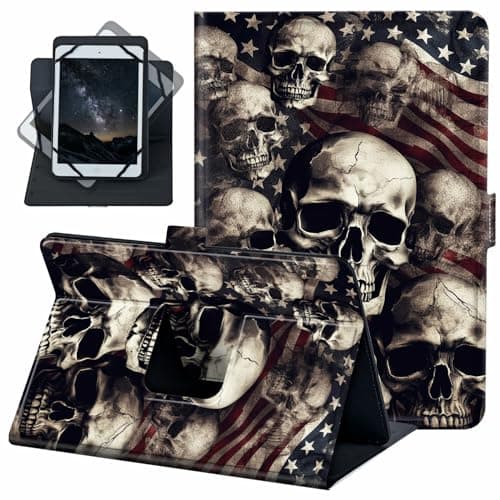 for Universal 10 10.1 Inch Android Tablet Case 360 Degree Rotating PU Leather Stand Folio Cover for iPad 9.7/10.2/10.5/Galaxy Tab 9-10.5"/Fire HD 10 and More 9.0-10.5 Inch Tablet,Skulls Flag
