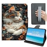 for iPad 10th Gen 2022 10.9" Tablet Case,Rotating Stand Cover with Hand Strap,PU Leather Protective Shockproof Folio Case Multi-Angle Viewing,Calico Cat in Flowers
