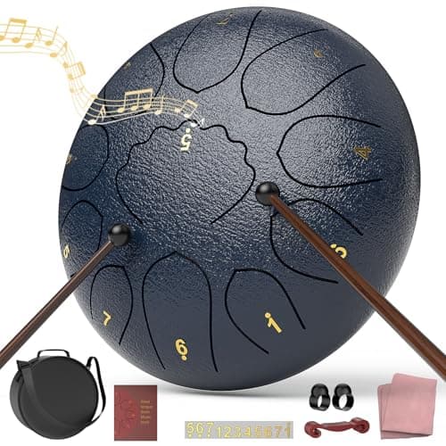Rain Drum for Outside Garden, 8 Inches 11 Notes Steel Tongue Drum, Waterproof Meditation Rain Chime, Musical Instruments for Adult Gift with Bag, Music Book, Mallets (Navy Blue)